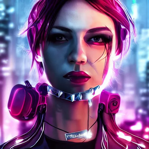 Prompt: female character cyberpunk wearing spiked black collar around neck, realistic, art, beautiful, 4K, HD, collar, choker, collar, choker, punk, artstation, wallpaper,
