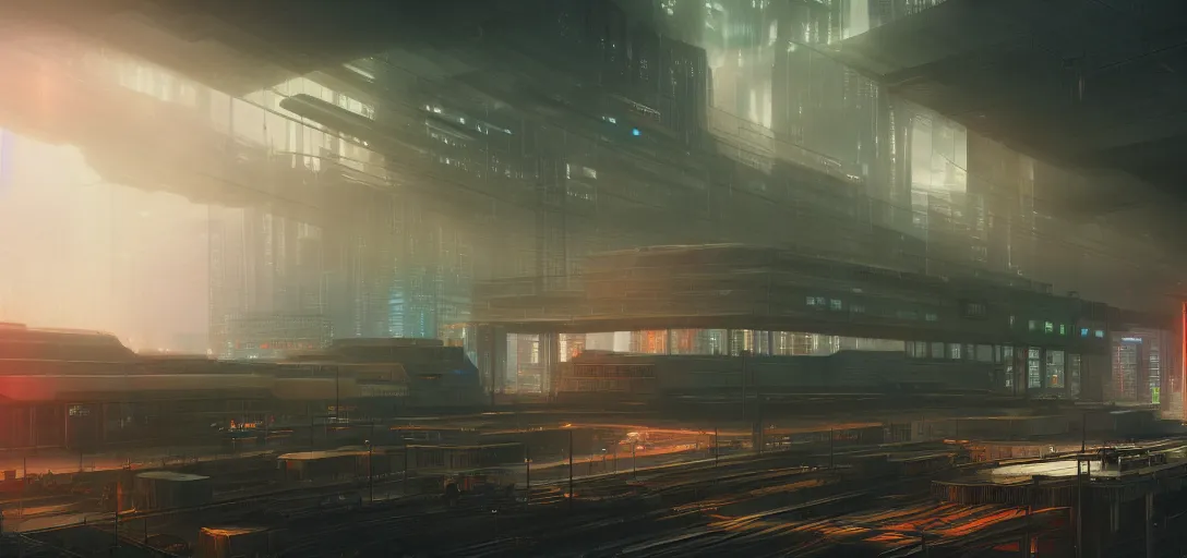 Image similar to dramatic view of cyberpunk train station, colored fog, haze, unreal engine, dramatic lighting, detailed, ambient occlusion, global illumination, god rays, 3 d artstation render by greg rutowski and jessica rossier