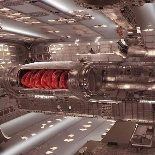 Image similar to a space station made from metal and Italian sliced meat on the background of deep space, matte painting with photorealistic elements pasted in