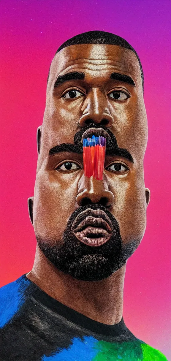 Image similar to photo of 8k ultra realistic Kanye’s mouth filled with multi color crayons, clear sky, full of colour, cinematic lighting, battered, trending on artstation, 4k, hyperrealistic, focused, extreme details,unreal engine 5, cinematic, masterpiece, art by John Berkey