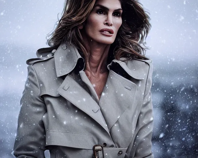 Prompt: portrait of cindy crawford in a trench coat on a windy evening, winter, snow, artstation, volumetric lighting, octane render, sylvain sarrailh