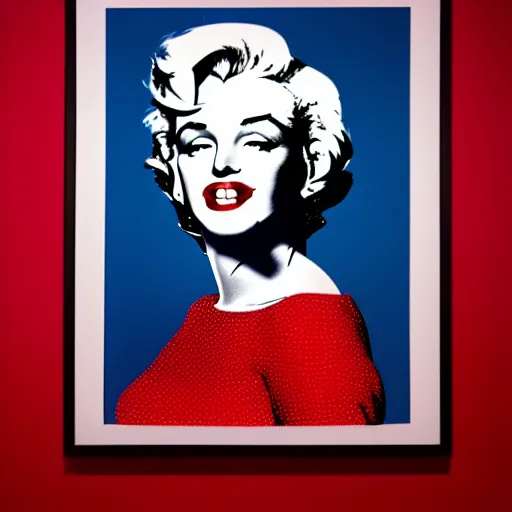 Image similar to Stunning modern studio portrait photograph of the original female model named Marilyn Monroe standing in a white room wearing a red dress, pretty face, pop art by Andy Warhol, XF IQ4, f/1.4, ISO 200, 1/160s, 8K, RAW, unedited, symmetrical balance, in-frame, sharpened