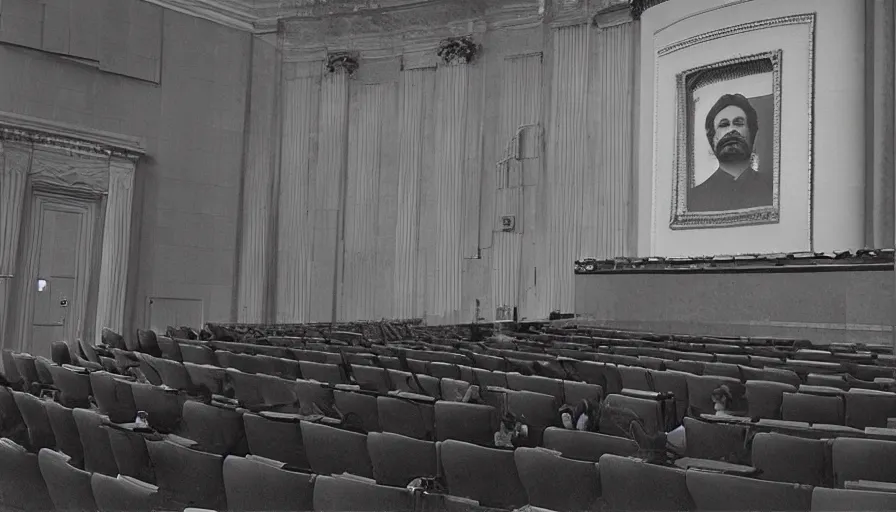 Prompt: 60s movie still of a sovietic stalinist style empty congress palace, with a Karl Marx portrait, cinestill 800t 50mm eastmancolor, liminal Space style, heavy grain-s 150