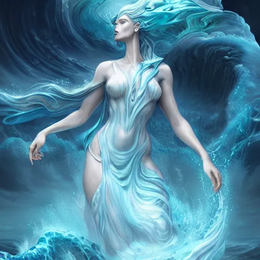 Image similar to powerful goddess of water clothed in swirling water striding through a stormy sea, dress made of water, highly detailed matte fantasy painting, rendered in octane, stormy lighting, by ross tran, by artgerm, by david suh, by peter mohrbacher