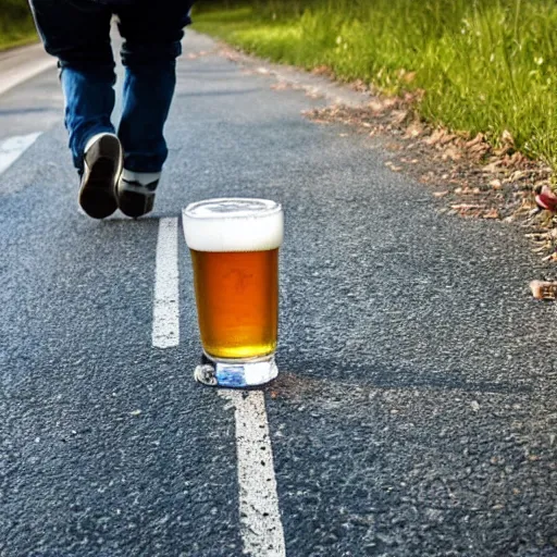 Image similar to midget drunk on beer, staggering down a road