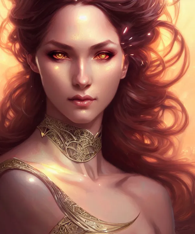 Image similar to fantasy magic woman portrait, sci-fi, amber eyes, face, long hair, fantasy, intricate, elegant, highly detailed, digital painting, artstation, concept art, smooth, sharp focus, illustration, art by artgerm and greg rutkowski and alphonse mucha