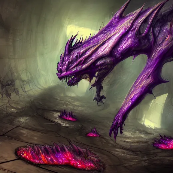 Prompt: inside a cavernous living stomach, the walls purple and pulsing, lots of acid pooling up on the floor, digesting a small dragon, dragon half dissolved on the floor, food pov, micro pov, vore, digital art, furry art, anthro art, warframe infested art, high quality, 8k 3D realistic, macro art, micro art, Furaffinity, Deviantart, Eka's Portal, G6