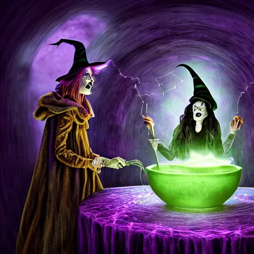 Image similar to a portrait of a scary ugly witch that is brewing a wicked potion in her cauldron that is marked with magical symbol that are glowing, highly detailed, digital photo, hdri, by christopher bretz and john carpenter, vivid colors, high contrast, 8 k resolution, intricate, photorealistic, smooth, psychedelic color scheme, concept art, award winning, cg society contest winner