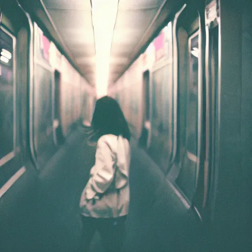 Prompt: A photography of a woman from behind standing inside a subway train. The train is full. Neo Tokyo style. Cinematic frame. Cinestill 800T film. Lens flare. Contrast. Film grain. Swirly bokeh.