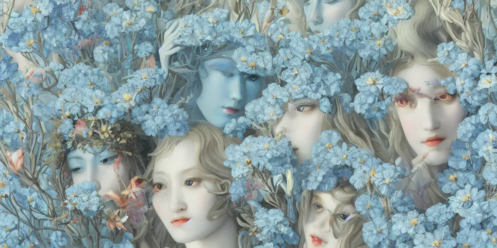 Image similar to breathtaking detailed concept art painting art deco pattern of blonde faces goddesses amalmation light - blue flowers with anxious piercing eyes and blend of flowers and birds, by hsiao - ron cheng and john james audubon, bizarre compositions, exquisite detail, extremely moody lighting, 8 k