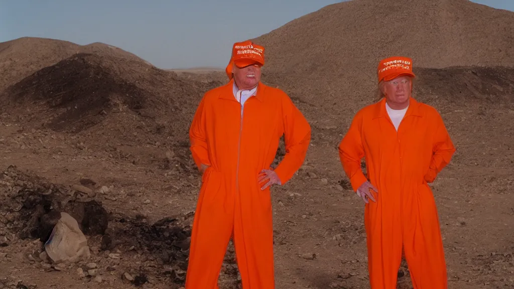 Prompt: Donald Trump wearing an orange jumpsuit captured by Islamic ISIS militants in the desert, Kodak film photo, 8k, highly detailed