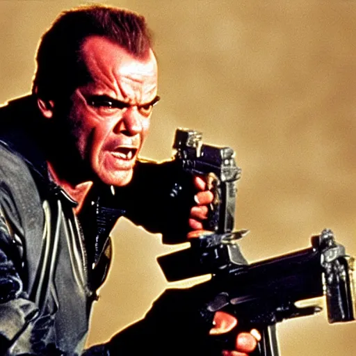 Prompt: Jack Nicholson as epic Terminator, killing people