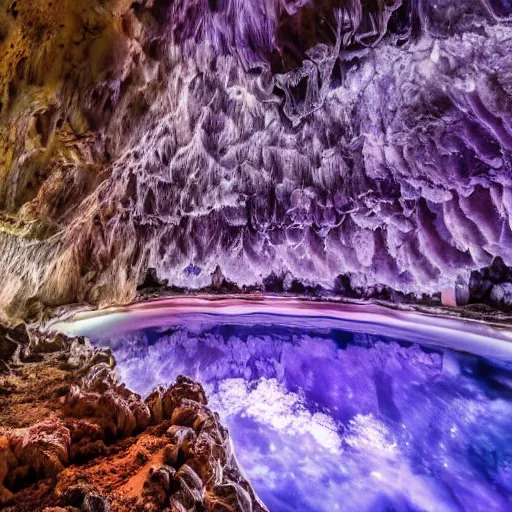 Image similar to photo inside an amethyst cave with a hotspring, highly detailed, 8k, HDR, award-winning,