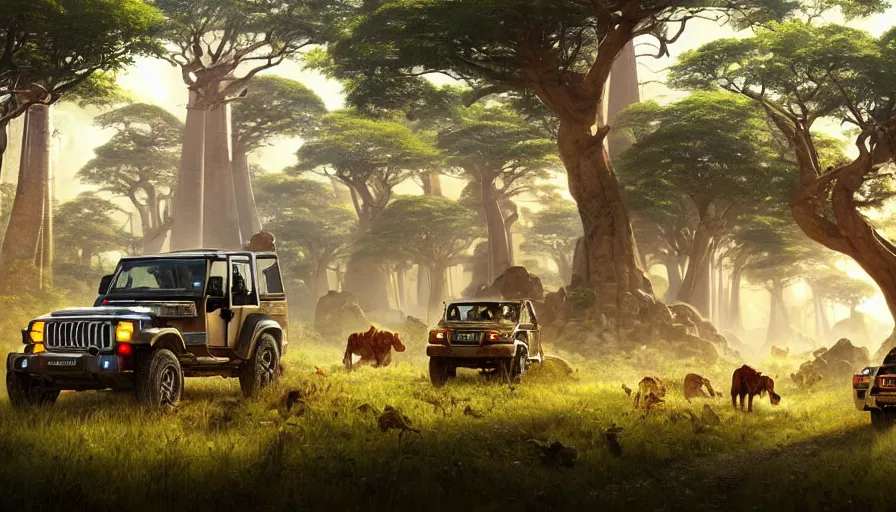 Image similar to mahindra thar driving through madagascar road with baobabs trees, drone view, animals running along, artgerm and greg rutkowski and alphonse mucha, an epic fantasy, volumetric light, detailed, establishing shot, an epic fantasy, trending on art station, octane render, midsommar