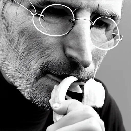 Prompt: steve jobs eating a banana, realistic, 8k, photorealistic face, professional photography, black and white, high contrast,