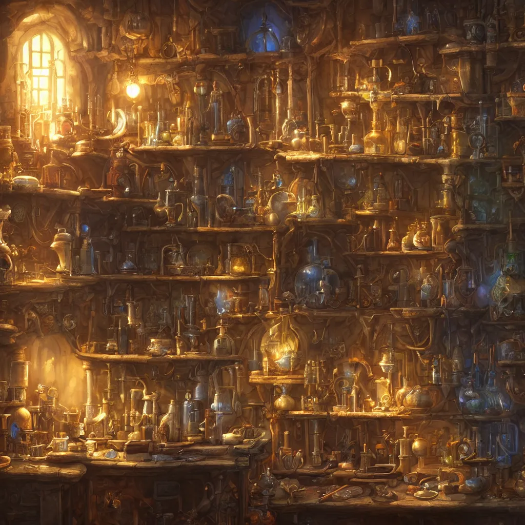 Prompt: a digital painting of a cluttered fantasy medieval alchemist's laboratory by justin gerard, paul bonner, highly detailed, volumetric lighting, digital art, artstation hd