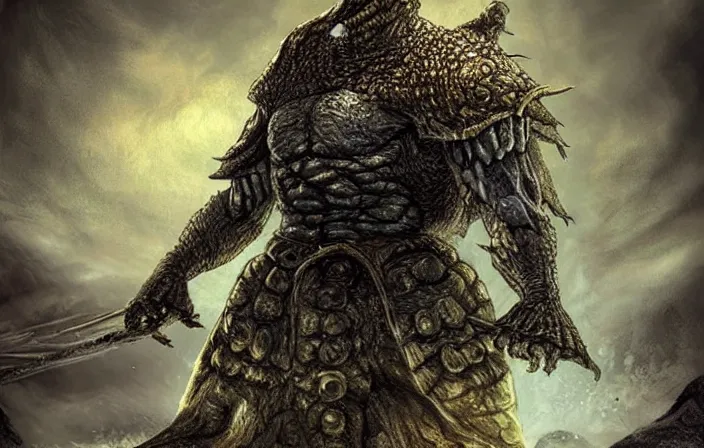 Image similar to elden ring, dark souls, strong humanoid turtle monster, photorealistic, grimdark, gruesome, full height, front view, golden ratio