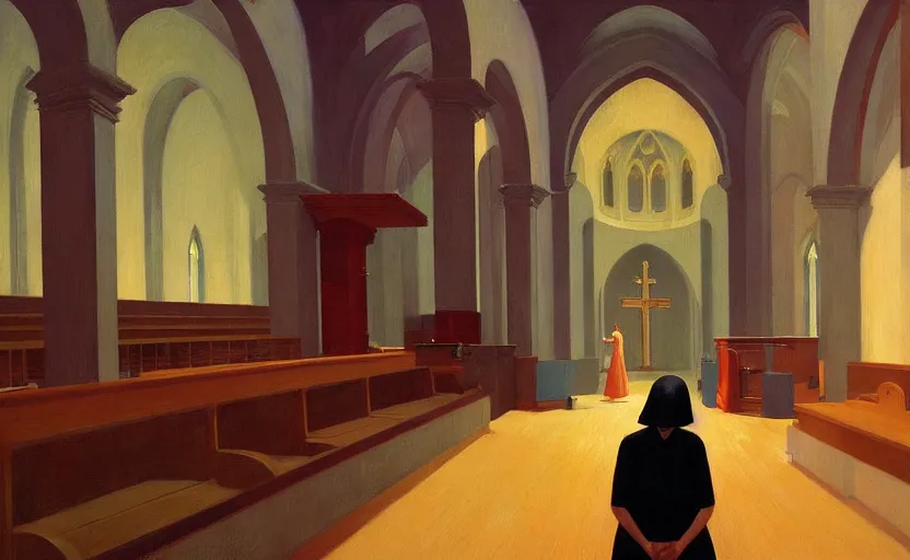 Image similar to inside a church with womens praying wearin black dress, very coherent, painted by Edward Hopper, Wayne Barlowe, painted by James Gilleard, airbrush, art by JamesJean