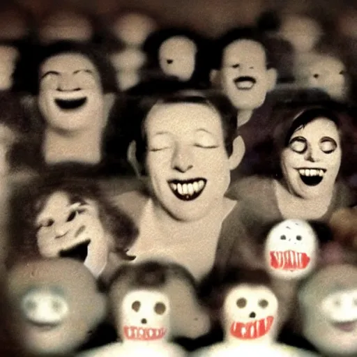 Image similar to audience smiling to the stage, creepy, eyes glowing, vintage, 8 mm, found footage