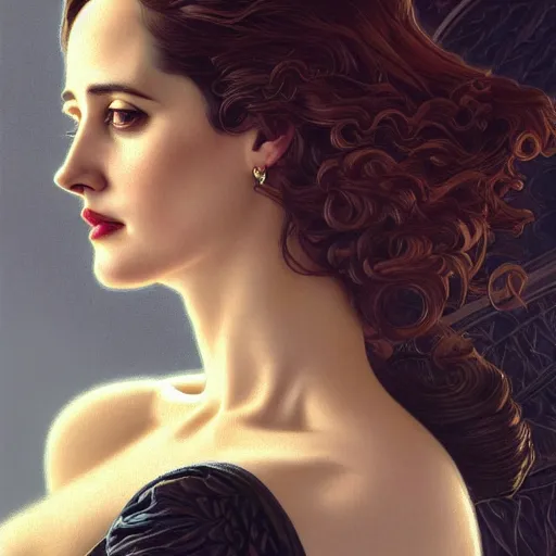 Image similar to beautiful detailed picture of eva green, fully clothed, radiant light, art nouveau, intricate, elegant, highly detailed, symmetrical face, my rendition, digital painting, artstation, concept art, smooth, sharp focus, illustration, art by artgerm and greg rutkowski and alphonse mucha