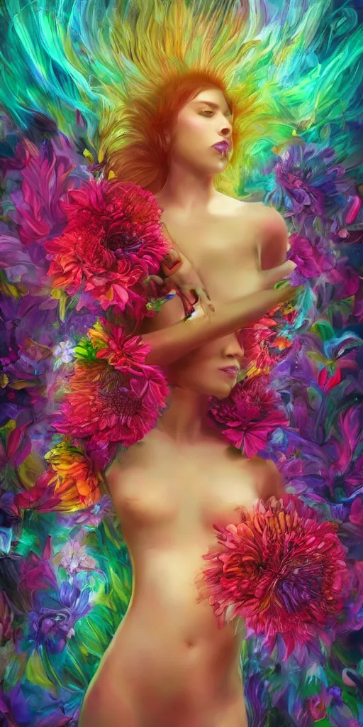 Prompt: girl's body inside giant exotic flower, trending on Gsociety, trending on ArtstationHQ, trending on deviantart, ultra detailed painting at 16K resolution and epic visuals, epically surreally beautiful image, amazing effect