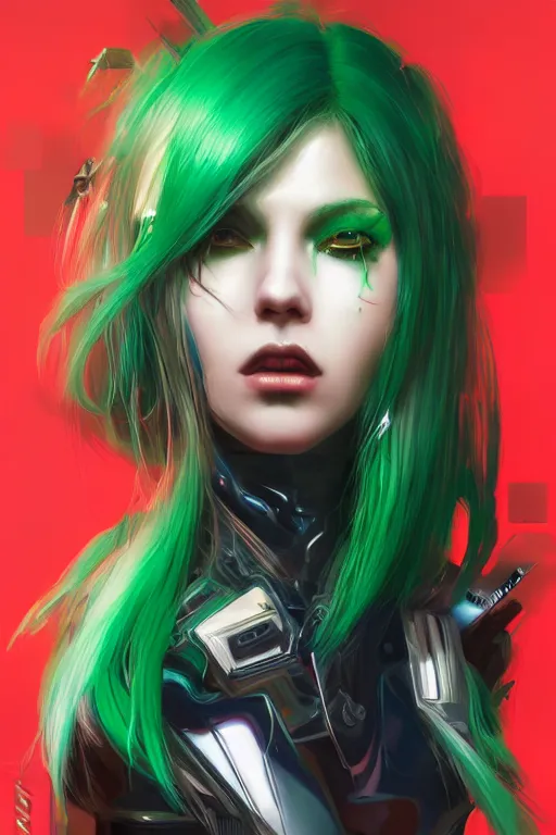 Prompt: cyberpunk woman with green hair wearing futuristic clothes and a red plaid miniskirt, beautiful face, by wlop, by artgerm, by yoshitaka amano, digital art, matte art, octane render, lineart, pop art, character art