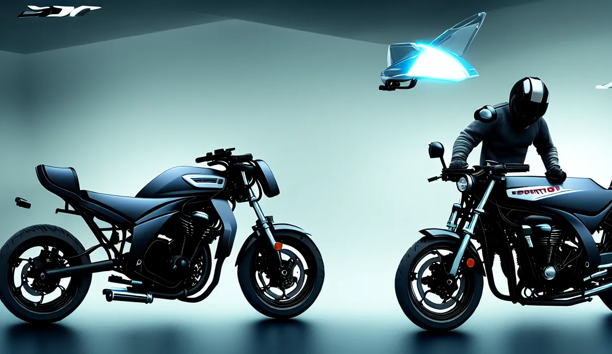 Image similar to futuristic version of suzuki bandit bike, high detail design, volumetric lighting, from new movie by digital domain and weta digital, strong ambient occlusion