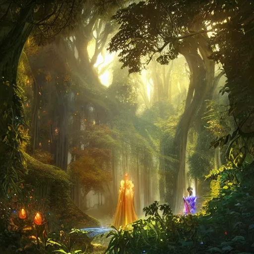 Image similar to incredible game level design, isometric view, lothlorien, trees, lights, fantasy, 8k, art by artgerm and greg rutkowski and alphonse mucha