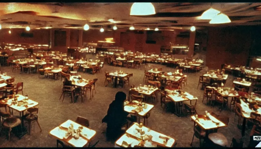 Image similar to 70s movie still of north korean restaurant, eastmancolor, heavy grain, high quality, higly detailed, liminal space