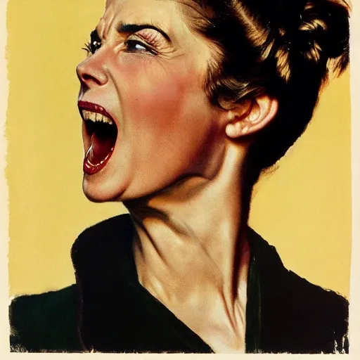 Image similar to head and shoulders portrait of woman, fierce, shouting, snarling, fully clothed, three quarter profile, norman rockwell, jacob collins, tom lovell, frank schoonover