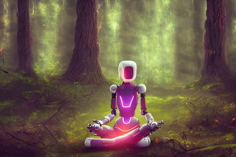 Prompt: a cute robot girl meditating in the forest, astral, synthwave, realism, 8 k