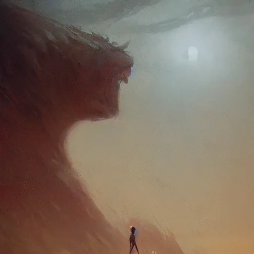 Image similar to a beautiful terrifying pale humanoid giant looms over a tiny human. ethereal fantasy art by greg rutkowski