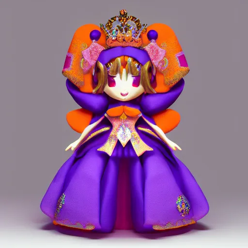 Prompt: cute fumo plush of a elaborately dressed princess in orange and purple regalia, crown, outline glow lens flare, vray