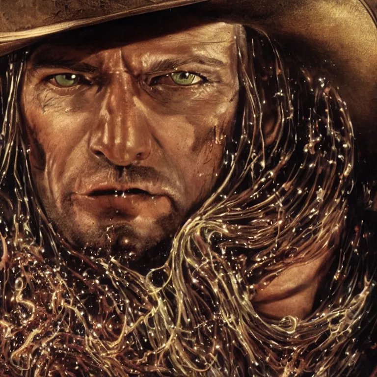 Image similar to 1 9 7 0's spaghetti western film octane render portrait by wayne barlow and carlo crivelli and glenn fabry, a man wearing a shiny black latex suit and cowboy hat covered in colorful slime, standing in a scenic western landscape, cinema 4 d, ray traced lighting, very short depth of field, bokeh