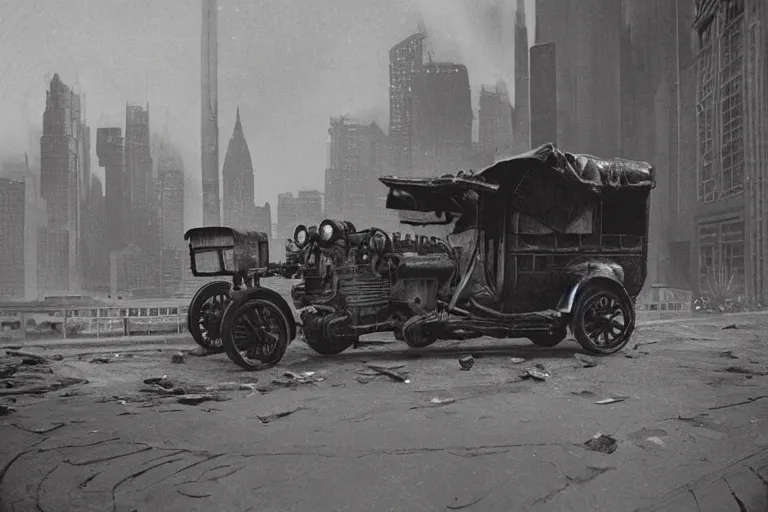 Prompt: cyberpunk 1 9 0 8 model ford t by paul lehr, metropolis, view over city, vintage film photo, scratched photo, scanned in, old photobook, silent movie, black and white photo