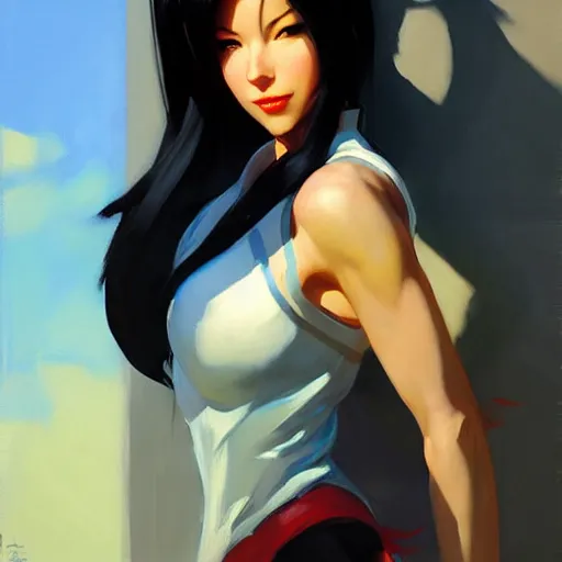 Image similar to Greg Manchess portrait painting o Tifa Lockheart as Overwatch character, medium shot, asymmetrical, profile picture, Organic Painting, sunny day, Matte Painting, bold shapes, hard edges, street art, trending on artstation, by Huang Guangjian and Gil Elvgren and Sachin Teng