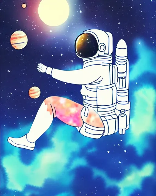 Image similar to oriental water color of a cute thicc female astronaut, floating through space, backlit, realistic anime