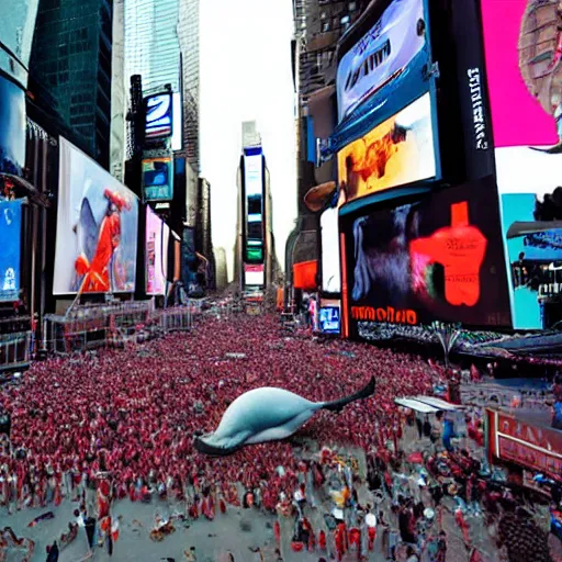 Prompt: a photo of a beached whale, surrounded by a crowd, in times square