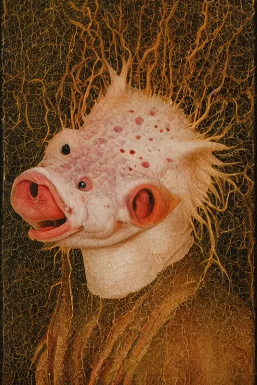 Image similar to portrait cute humanoid axolotl, oil painting by jan van eyck, northern renaissance art, oil on canvas, wet - on - wet technique, realistic, expressive emotions, intricate textures, illusionistic detail