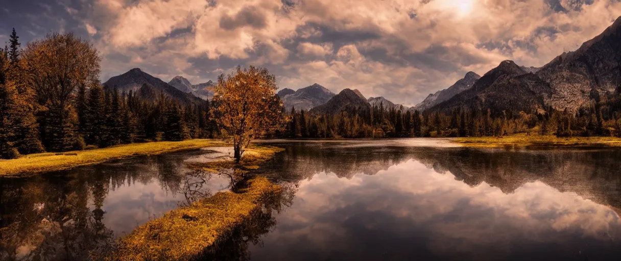 Image similar to Tree, mountains, river, landscape, photo, universe in the sky, cinematic lighting, 4k, wide angle, warm tones, Earth, wind, reflections