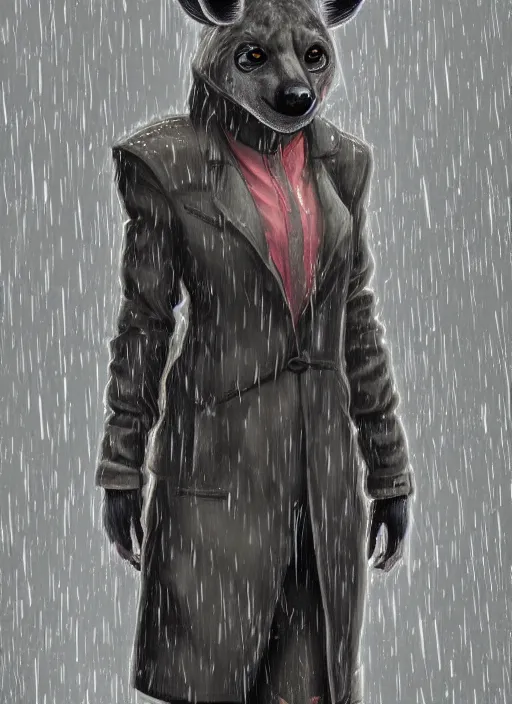 Prompt: digital artwork of anthromorphic hyena female, fursona, furry fandom, rainy cyberpunk setting, anthro, wearing large raincoat, detailed face,