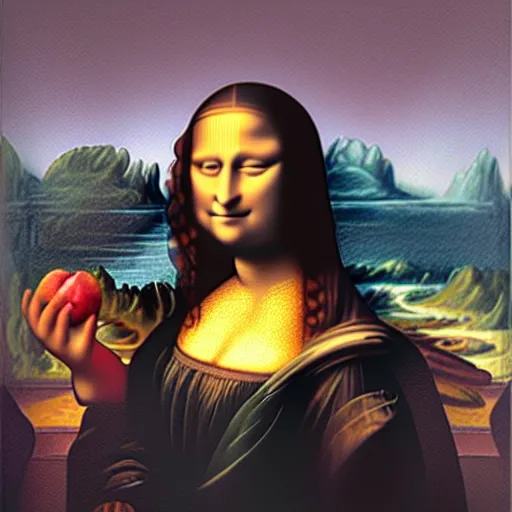 Prompt: Mona lisa eating an apple, Oil on canvas, Digital art, Illustration.