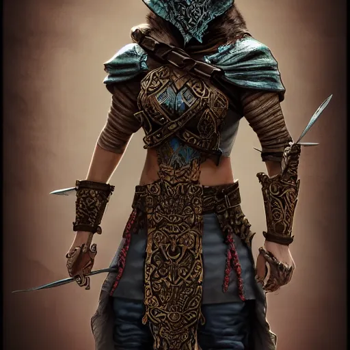 Image similar to D&D rogue character art:: Arabian warrior, intricate ornate armor, half-mask, tattoo, muscle, full body portraits, 35mm, position, cinematic litghing, realism concept art composition, ultra realistic, realism, cinematic, photorealistic, epic scene, low-key lighting, renderman, physically based render, dolby vision, 4k, super detailed, 8K, fantasy, detailed painting, long neck, long anatomy, mixed up, extra anatomy, style of charlie bowater, tom bagsgaw, artgerm, rule of thirds
