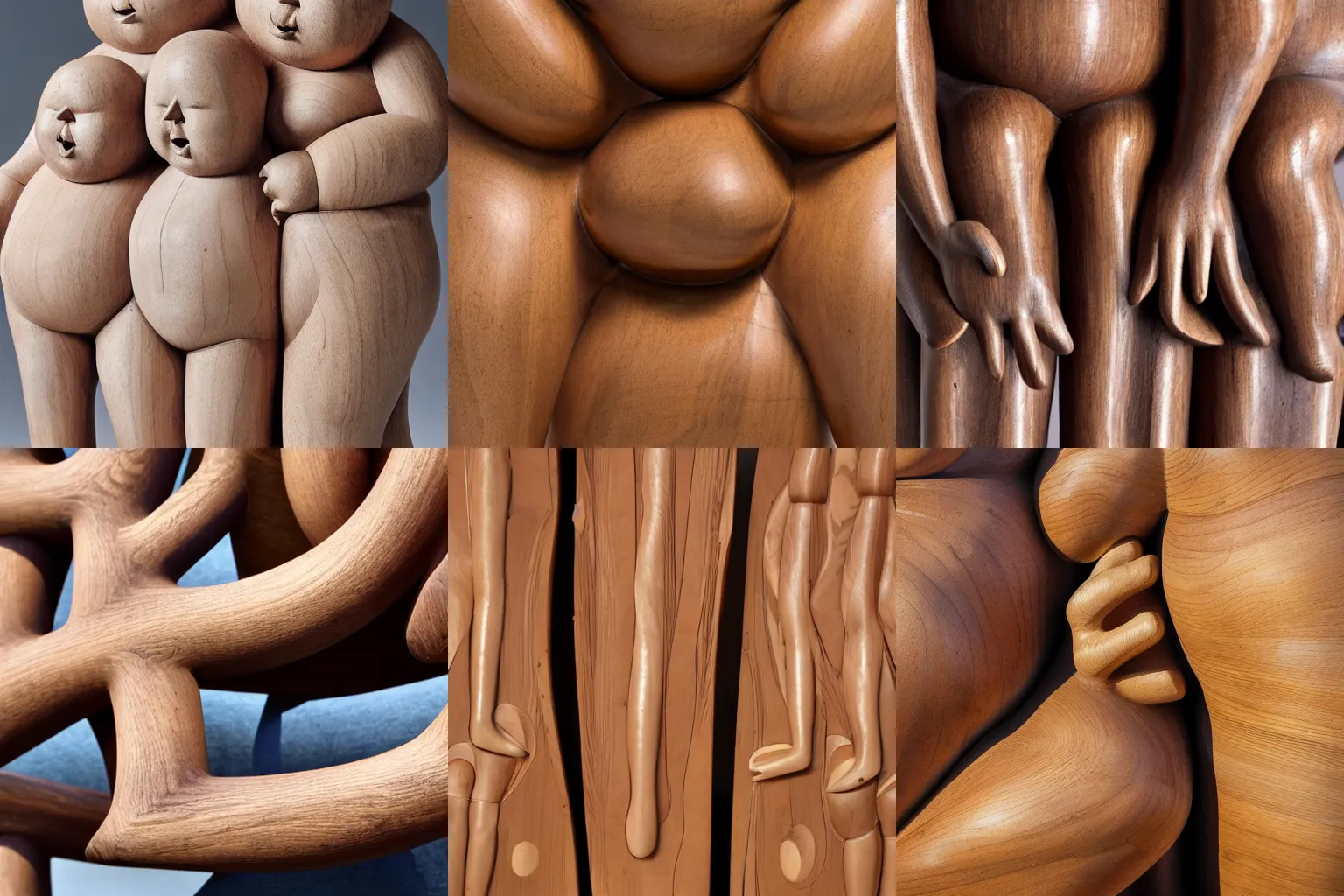 Prompt: detail of abstract wood sculpture of three fat people caressing