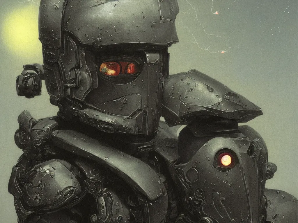 Prompt: a detailed close up portrait painting of a bounty hunter in combat armour and visor. cinematic sci-fi. Flight suit, accurate anatomy. portrait symmetrical and science fiction theme with lightning, aurora. lighting. clouds and stars. Futurism by beksinski carl spitzweg moebius and tuomas korpi. baroque elements. baroque element. intricate artwork by caravaggio. Oil painting. Trending on artstation. 8k