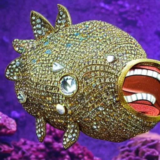 Image similar to A diamond encrusted killer anglerfish with jeweled teeth, the mouth is wide open, inside the mouth is a vegas casino, the fish is dangling a dollar sign in front of it