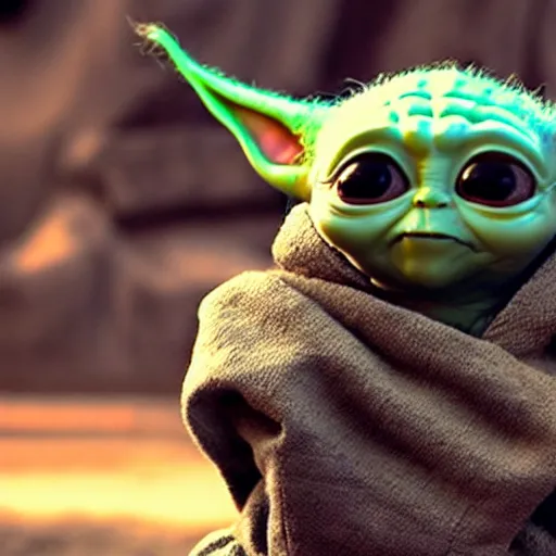 Image similar to A film still of Baby Yoda as a apocalyptic fully trained jedi realistic,detailed