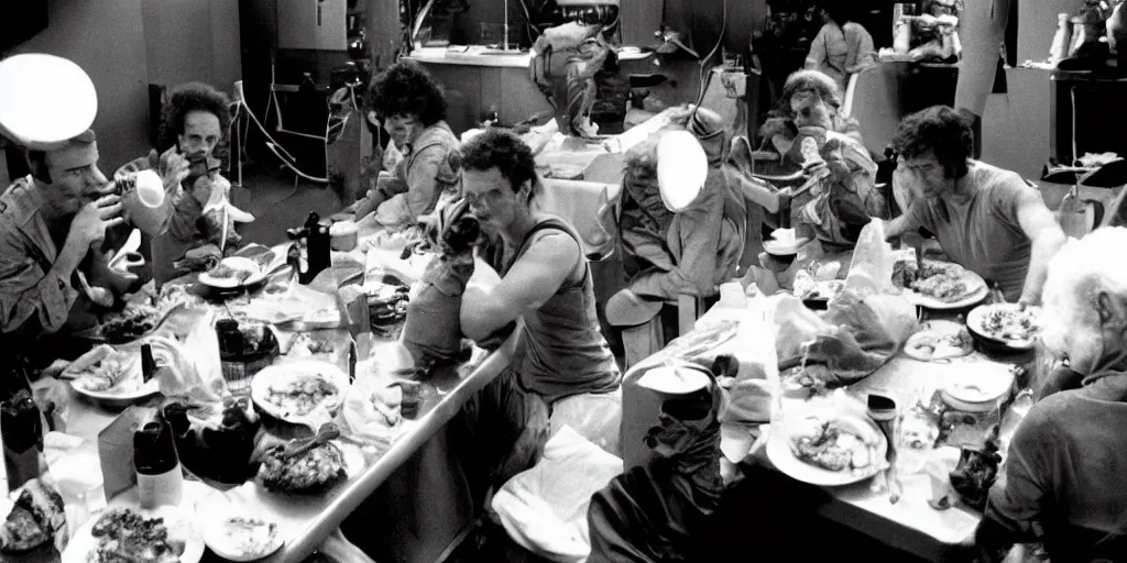 Image similar to color film still, behind the scenes of filming, actors eating lunch. ; alien 2 ( 1 9 8 6 )