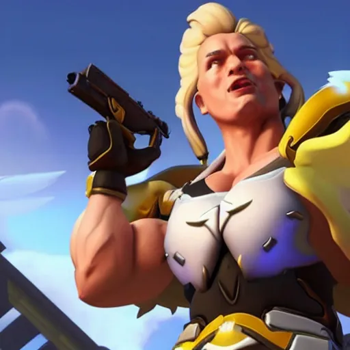 Image similar to a screenshot of arnold schwarzenegger as mercy in overwatch