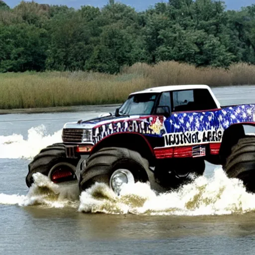 Prompt: Washington crosses the Delaware in a monster truck